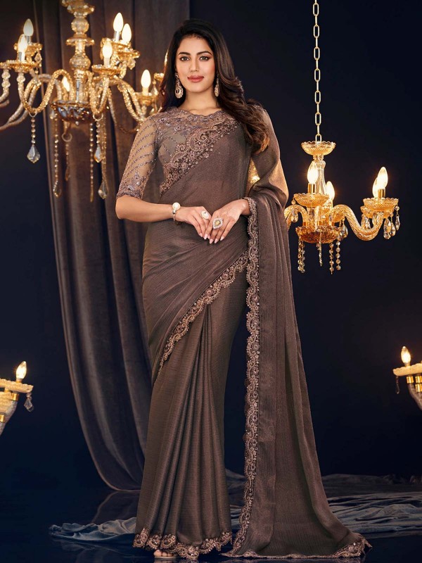 Greyish Brown Shimmer Georgette Saree